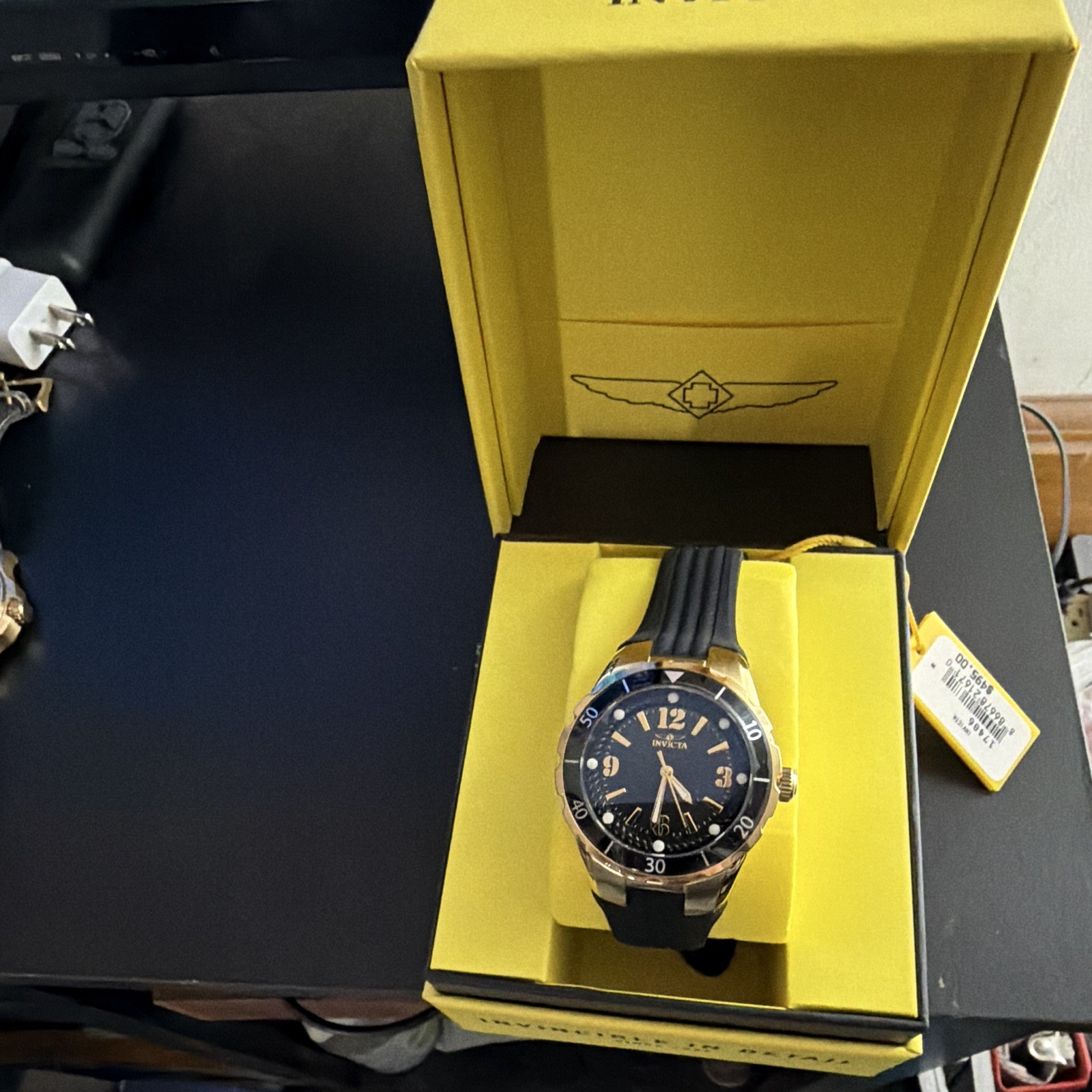 Invicta Angel Halo woman watch blue dial gold tone case black silicone strap box