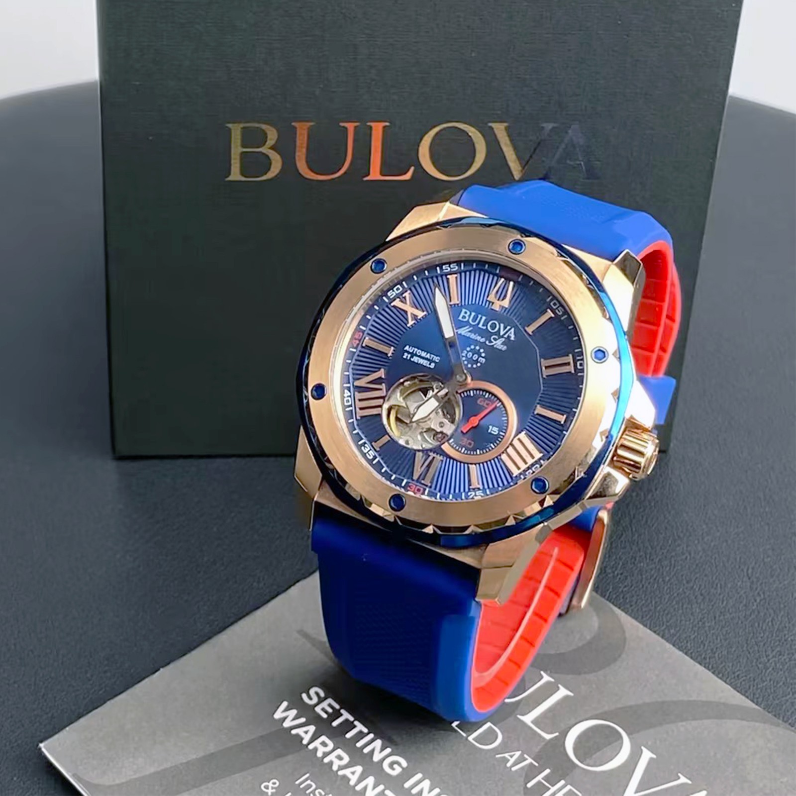 Mens Bulova Marine Star Blue Dial Red Silicon 98A227 Automatic Watch 45 G2U