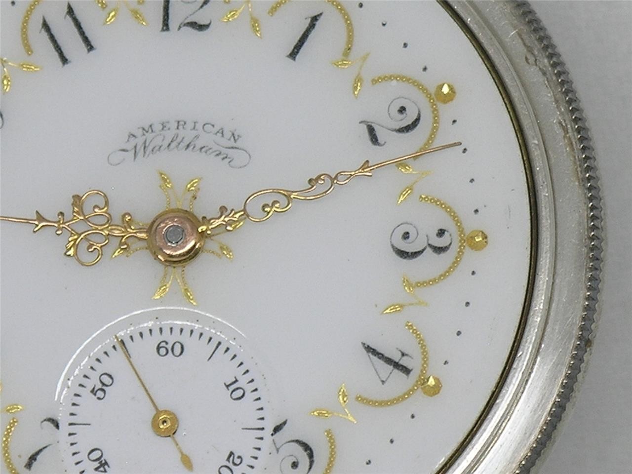ANTIQUE 16S WALTHAM 1888 GOLD FOIL FANCY DIAL SILVER CASED POCKETWATCH, SERVICED