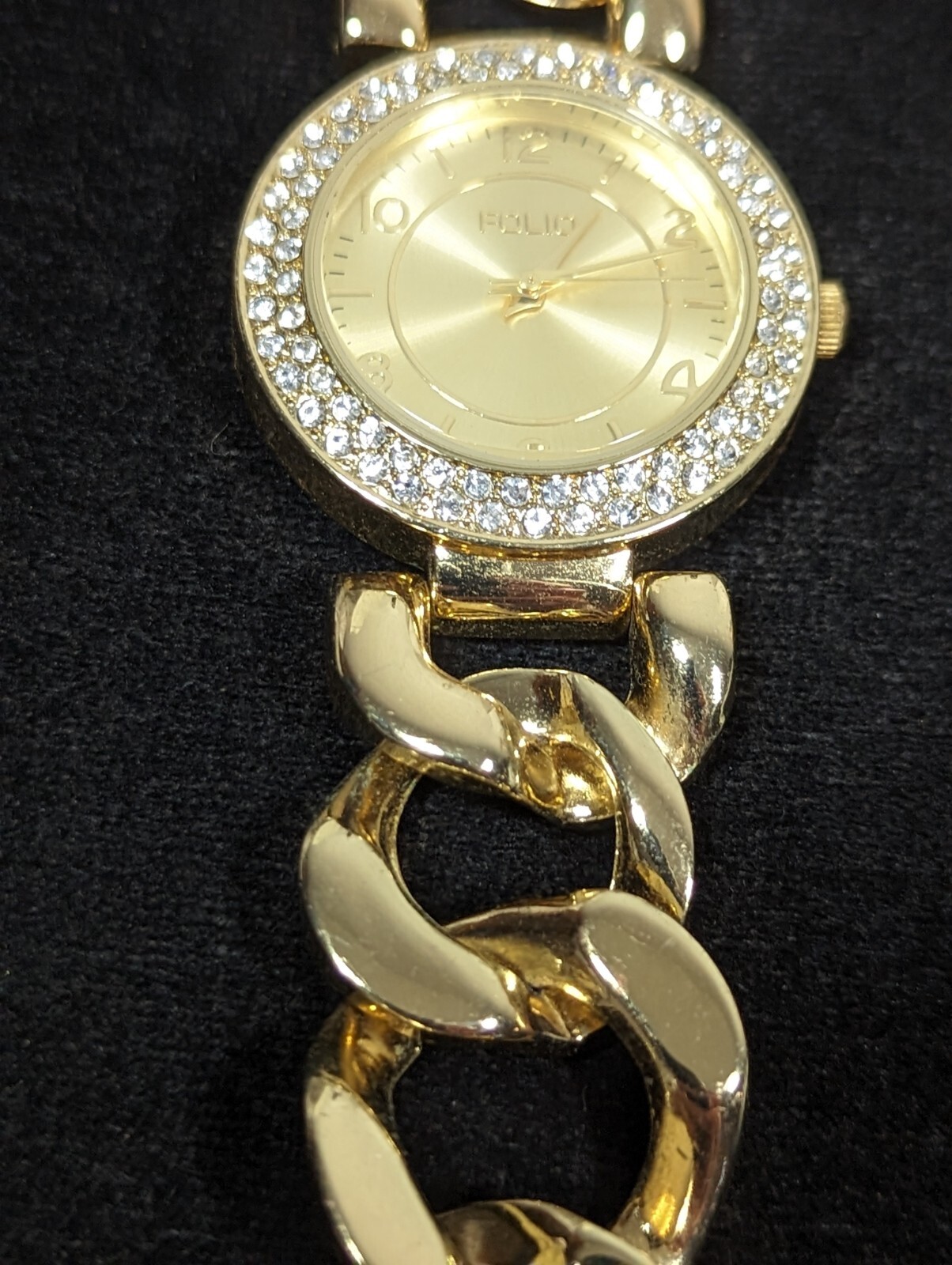 Folio Womans Crystal Accent Gold Tone Round Case Chain Link Bracelet Watch 7.5in