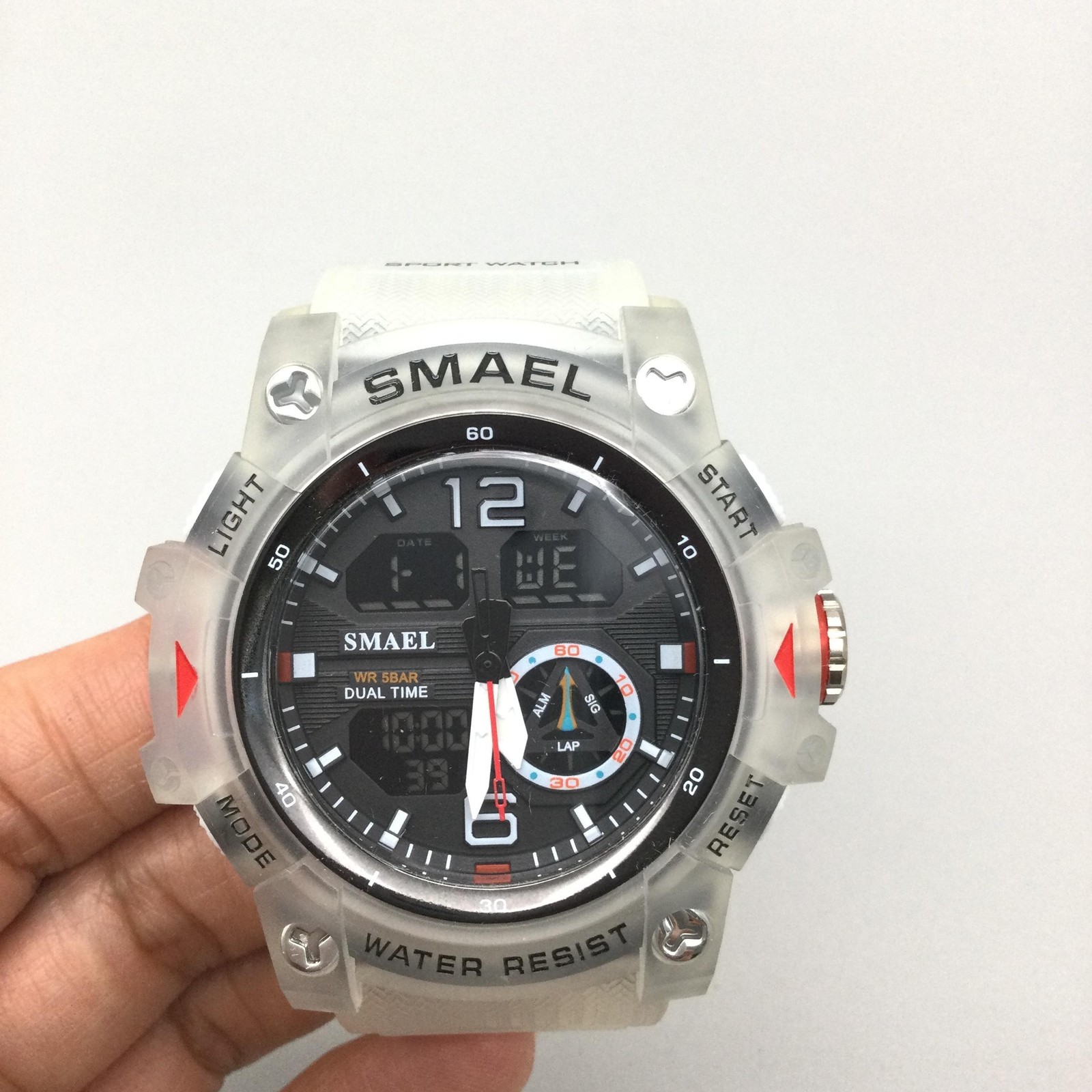 SMAEL Mens Watch 53mm Black Dial Clear Resin Dual Time 8007 New Battery