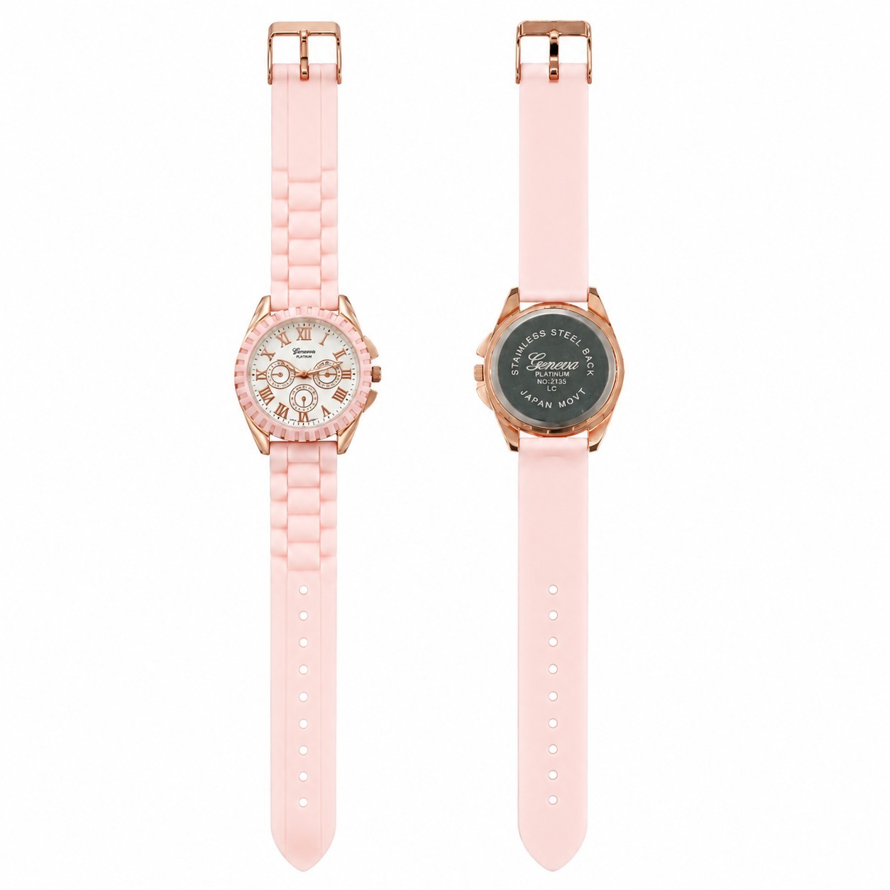 Geneva Platinum Women’s Powder Pink Rose Gold Rubber Strap Quartz Watch