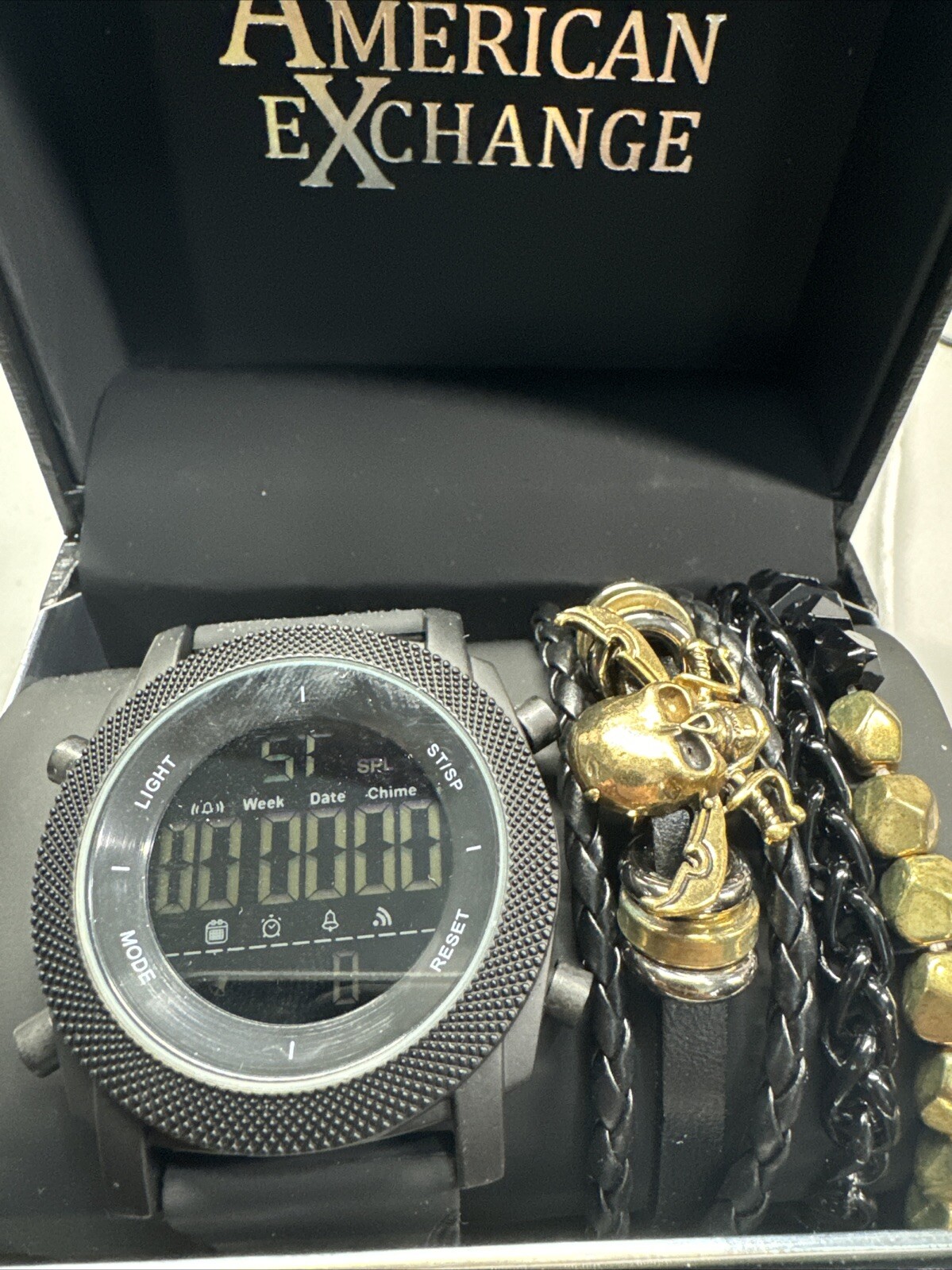 American Exchange Men’s Black Watch & Skull Stackable Adjustable Bracelets