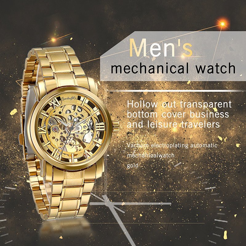 Men’s Luxury Gold Tone Stainless Steel Skeleton Automatic Mechanical Wrist Watch