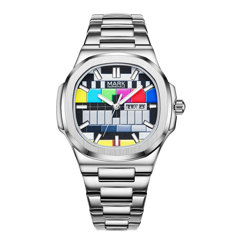 Mark Fairwhale Men Square TV Test Chart/Pattern Date/Week Calendar Quartz Watch