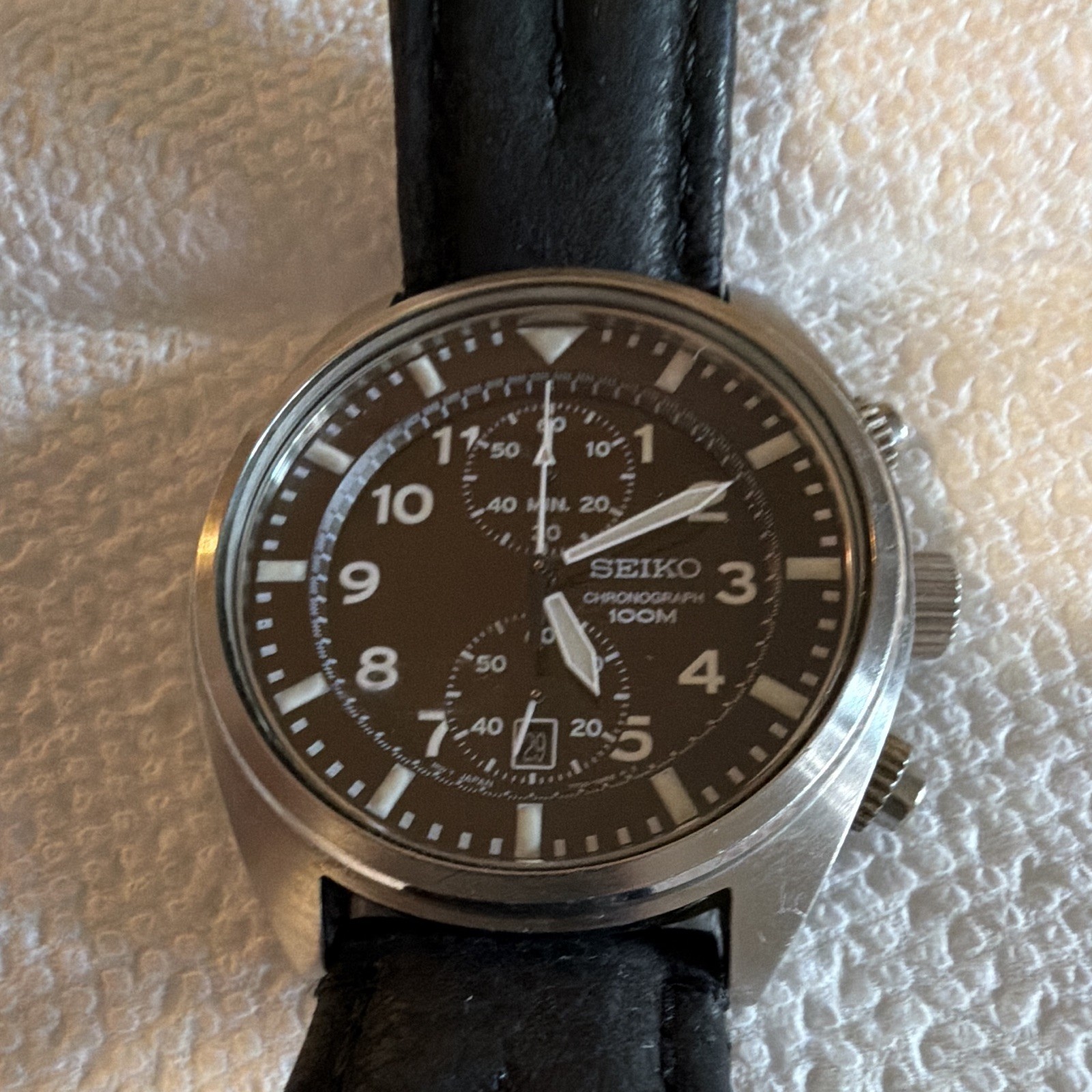 Seiko Chronograph Men’s Quartz 100m Date Black Dial Silver Case Leather Strap