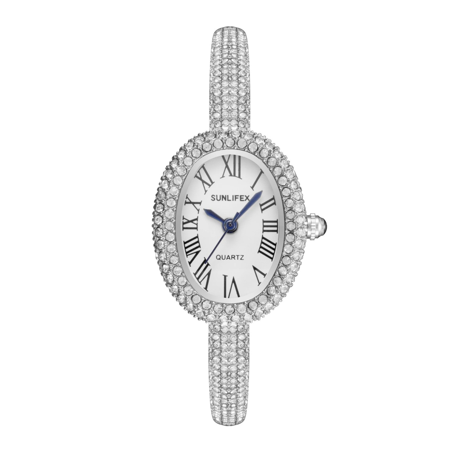 Luxury Crystal Oval Bangle Watch For Women Roman Numeral Dial Rhinestone Inlaid