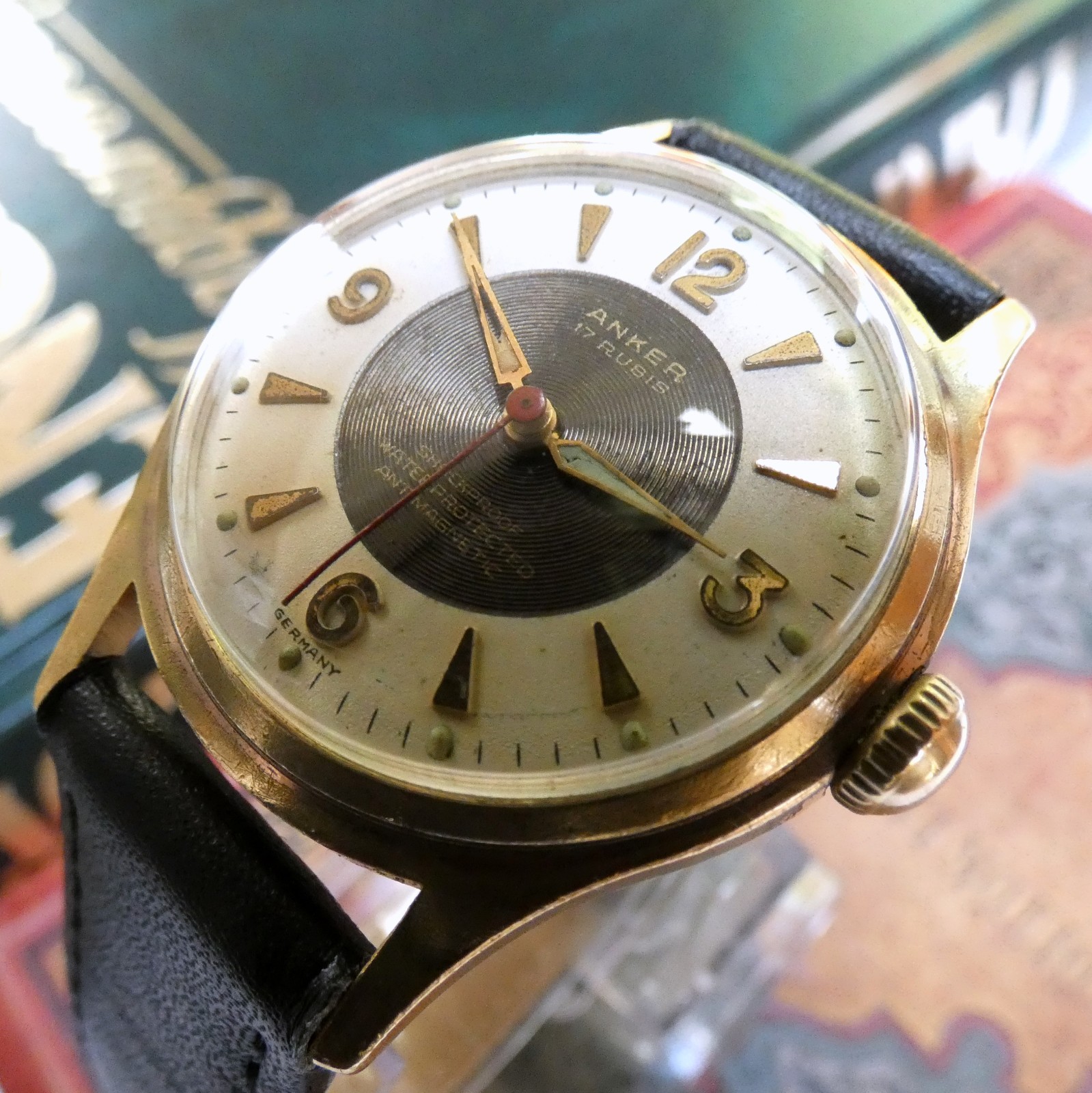 Vintage ANKER 1950s Reverse Tuxedo Bullseye Dial 17J Mechanical Gold Plated 33mm