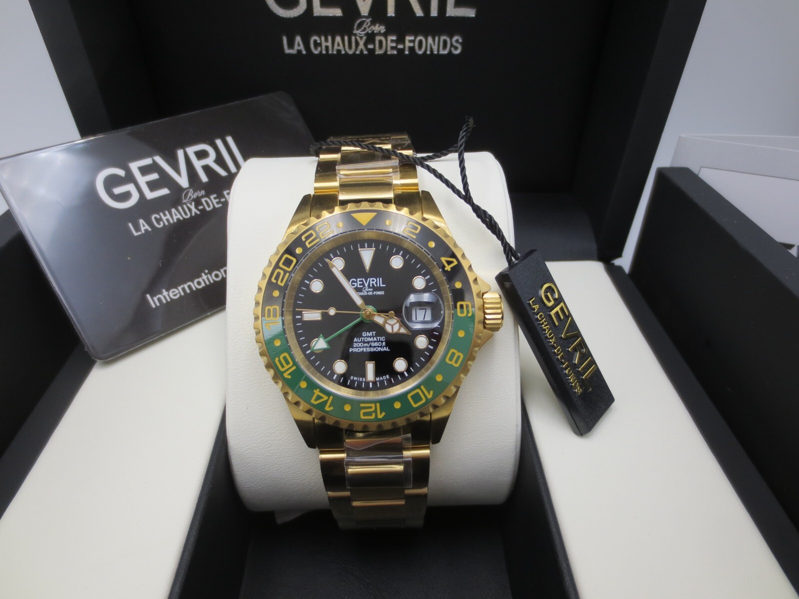 Gevril Mens 4956A Wall Street Ceramic Bezel Date Swiss Automatic GMT SW330 Watch