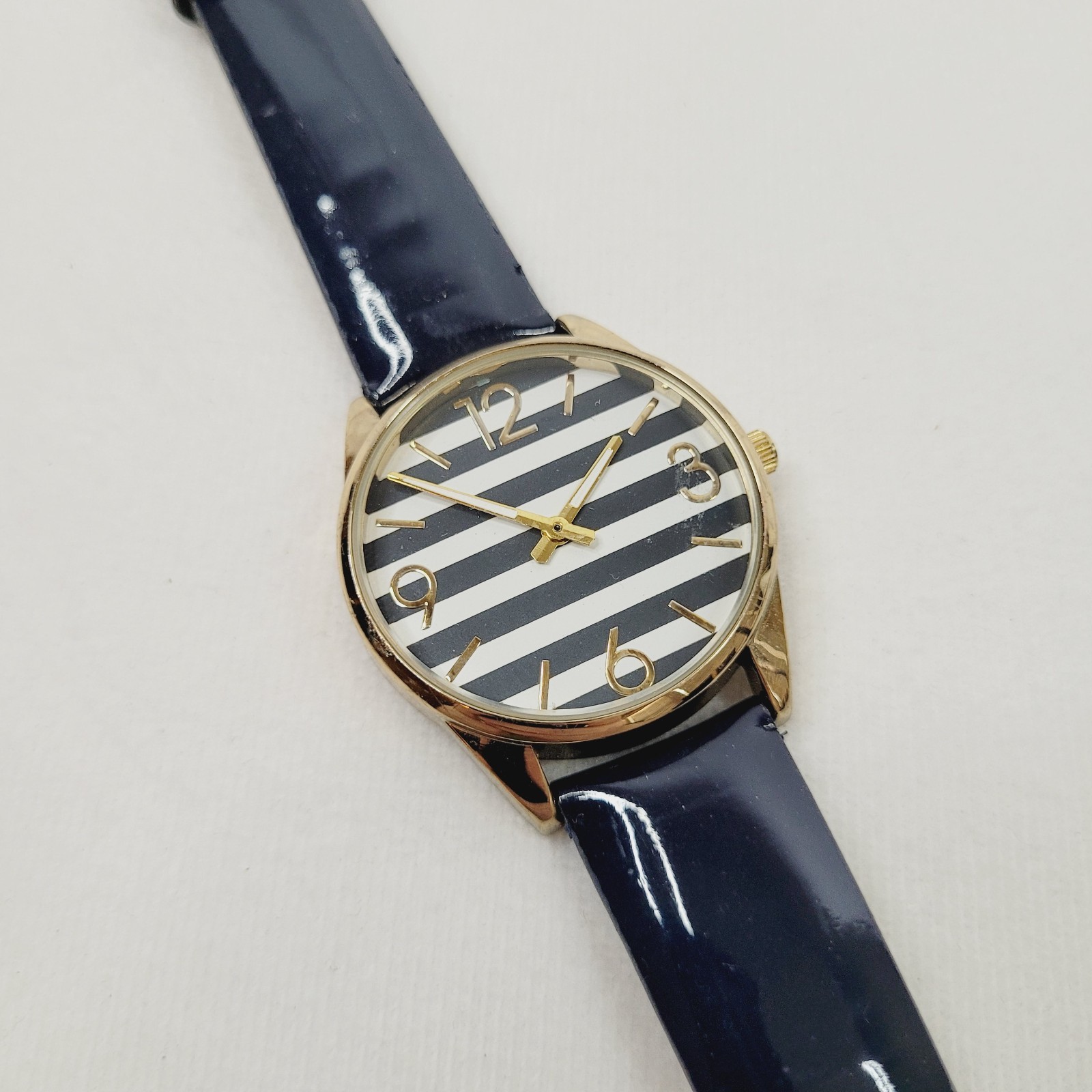 Striped Watch Navy Blue Patent Faux Leather Band Gold Tone Works Nautical