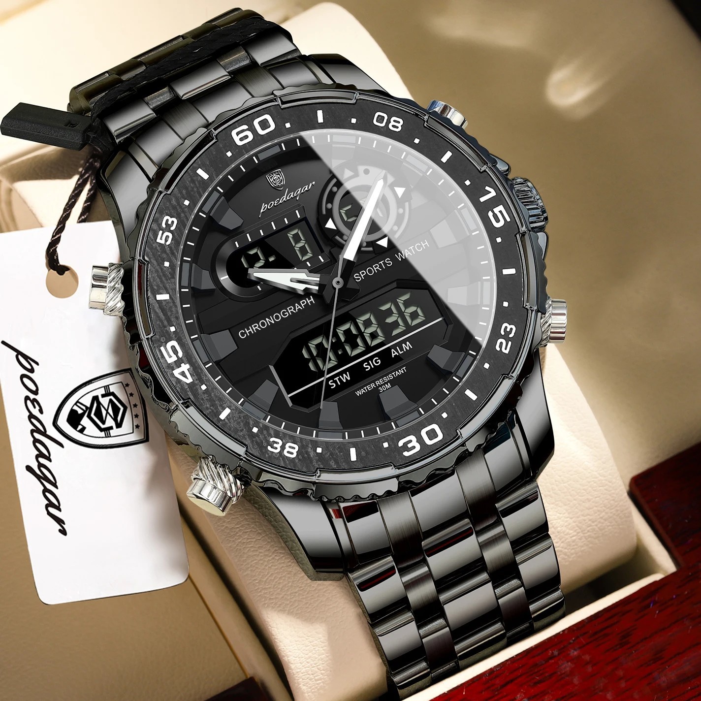 POEDAGAR Electronic Fashion Man Wristwatch Week Date LED Luminous Men Watch Dua