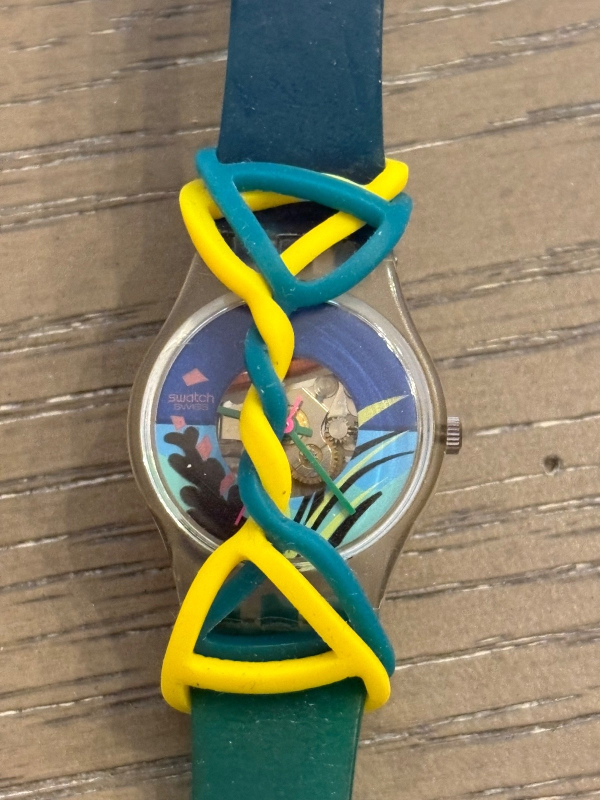 Swatch Watch Vintage Black Coral LK101 1986 Palm Coral Green Blue Works Skeleton