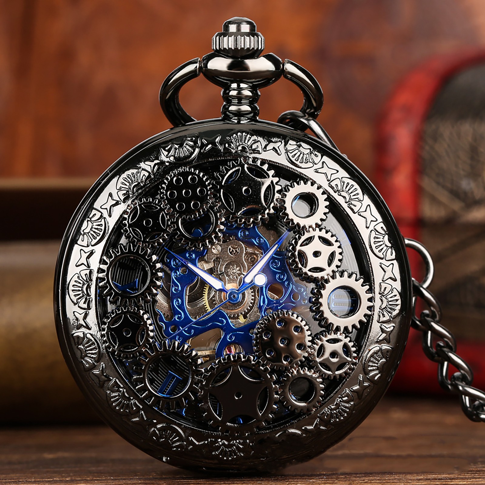 1 PC Mens Skeleton Mechanical Pocket Watch Hollow half Hunter Pocket Watch