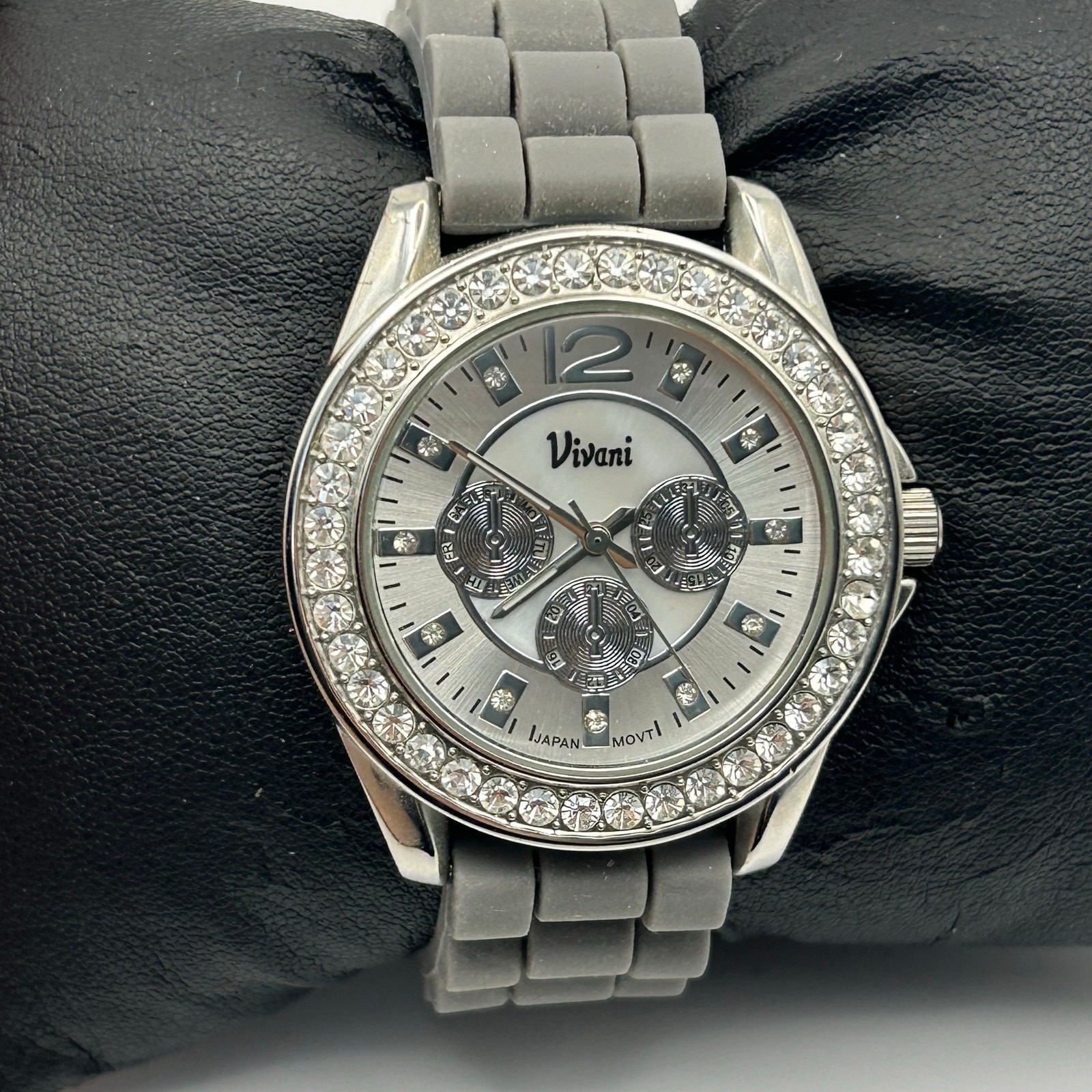 Vivani Silver Tone Dial Round Crystal Accent Case Gray Silicone Band Watch