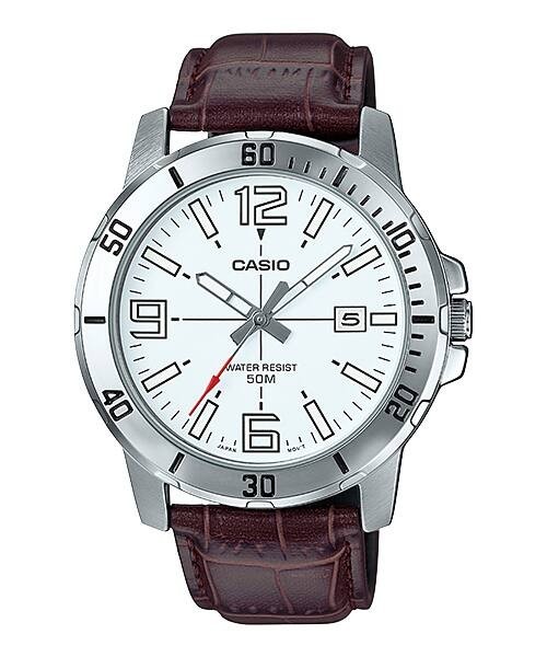 Casio MTP-VD01L-7CV NEW Men’s Watch Brown Genuine Leather Band Quartz Analog –