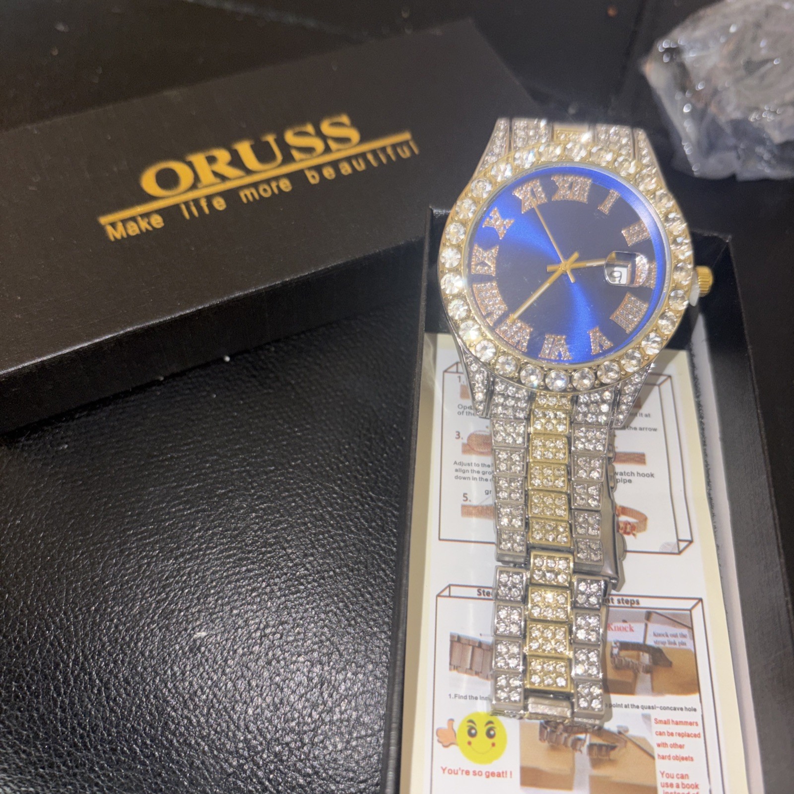 ORUSS Men’s Watch Silver/Gold Tone Gemmed Bling Wristwatch with blue face