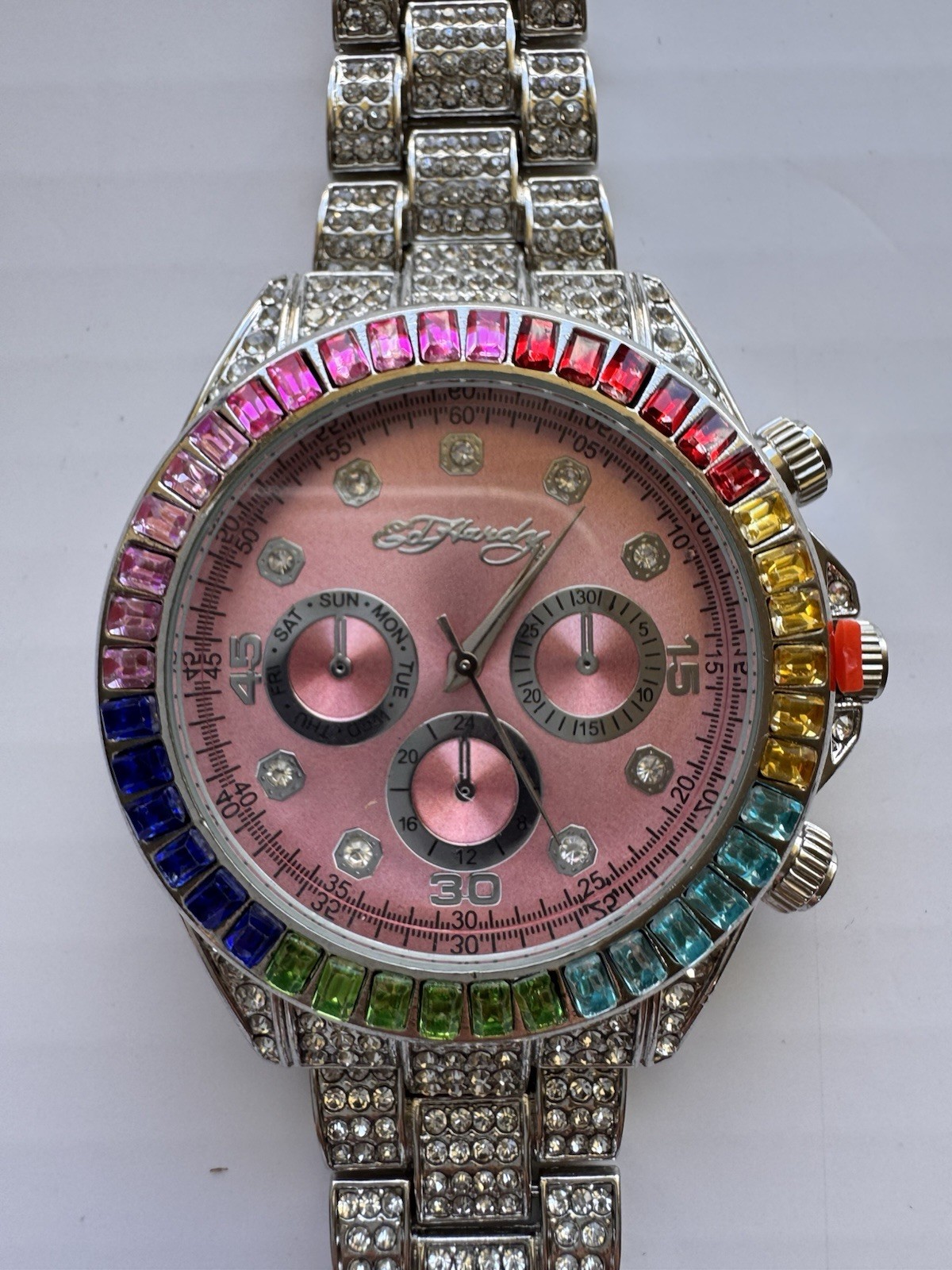 Ed Hardy Women’s Quartz Wristwatch Pink Dial Crystal Accents Multicolor Bezel