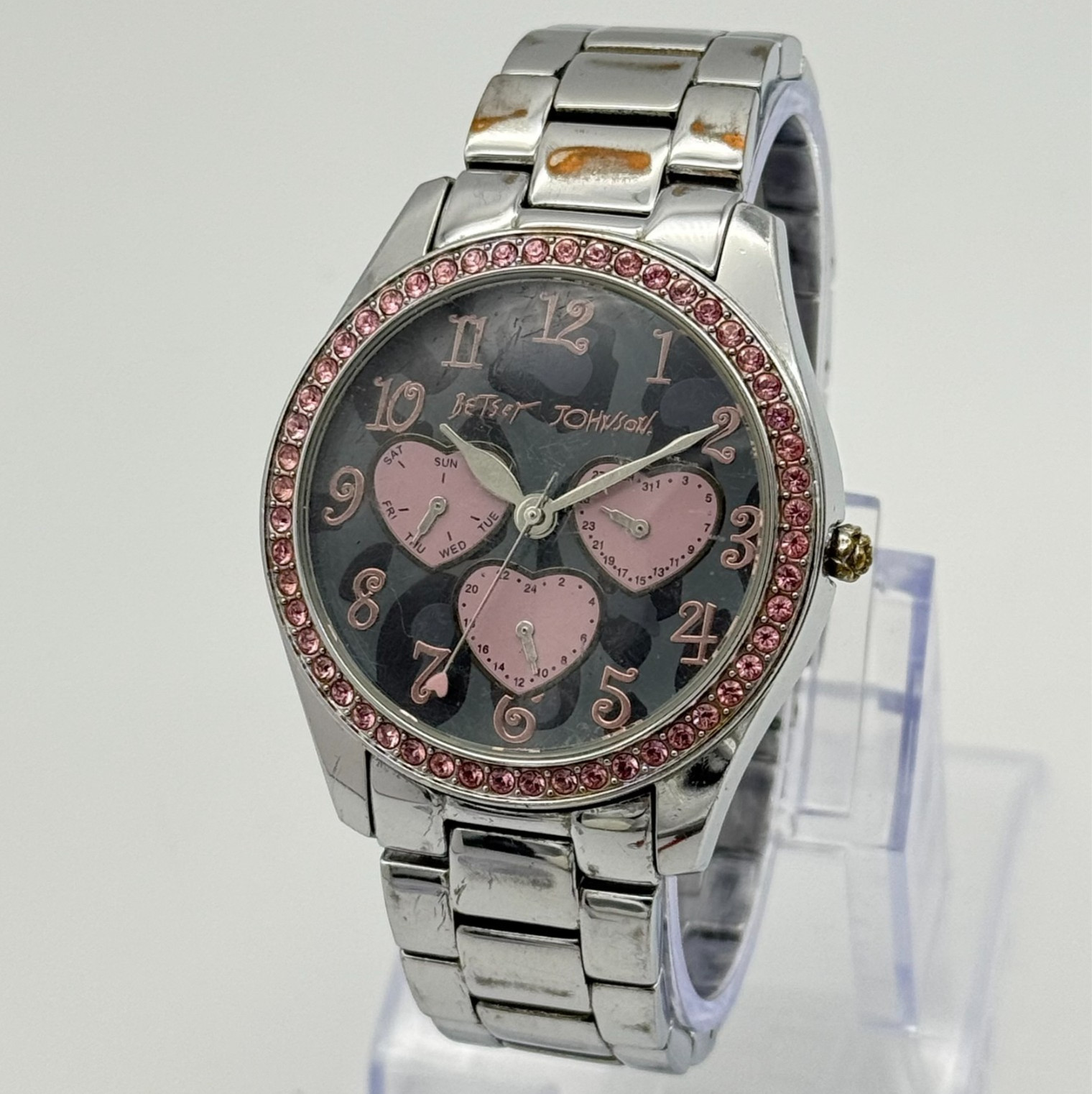 Women’s BETSEY JOHNSON Silver Tone Watch, Pink Crystal Bezel, Heart Dial BJ4202