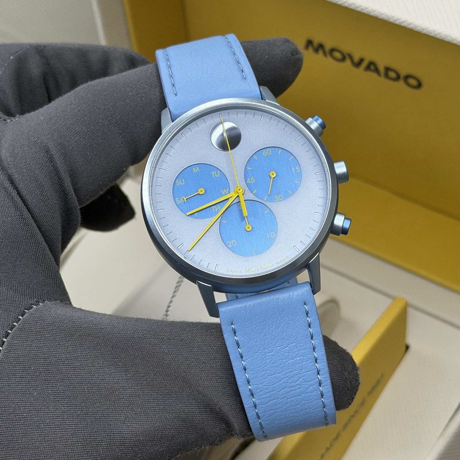 NEW✅SWISS✅ Movado FACE Blue Dial Blue Leather Chrono Aluminum Men Watch 3640149