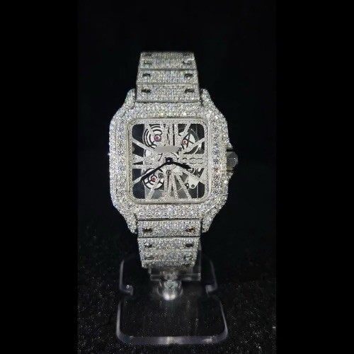 Carti Silver Tone Iced Out Square Analog Wristwatch Metal Bracelet Skeleton Dial