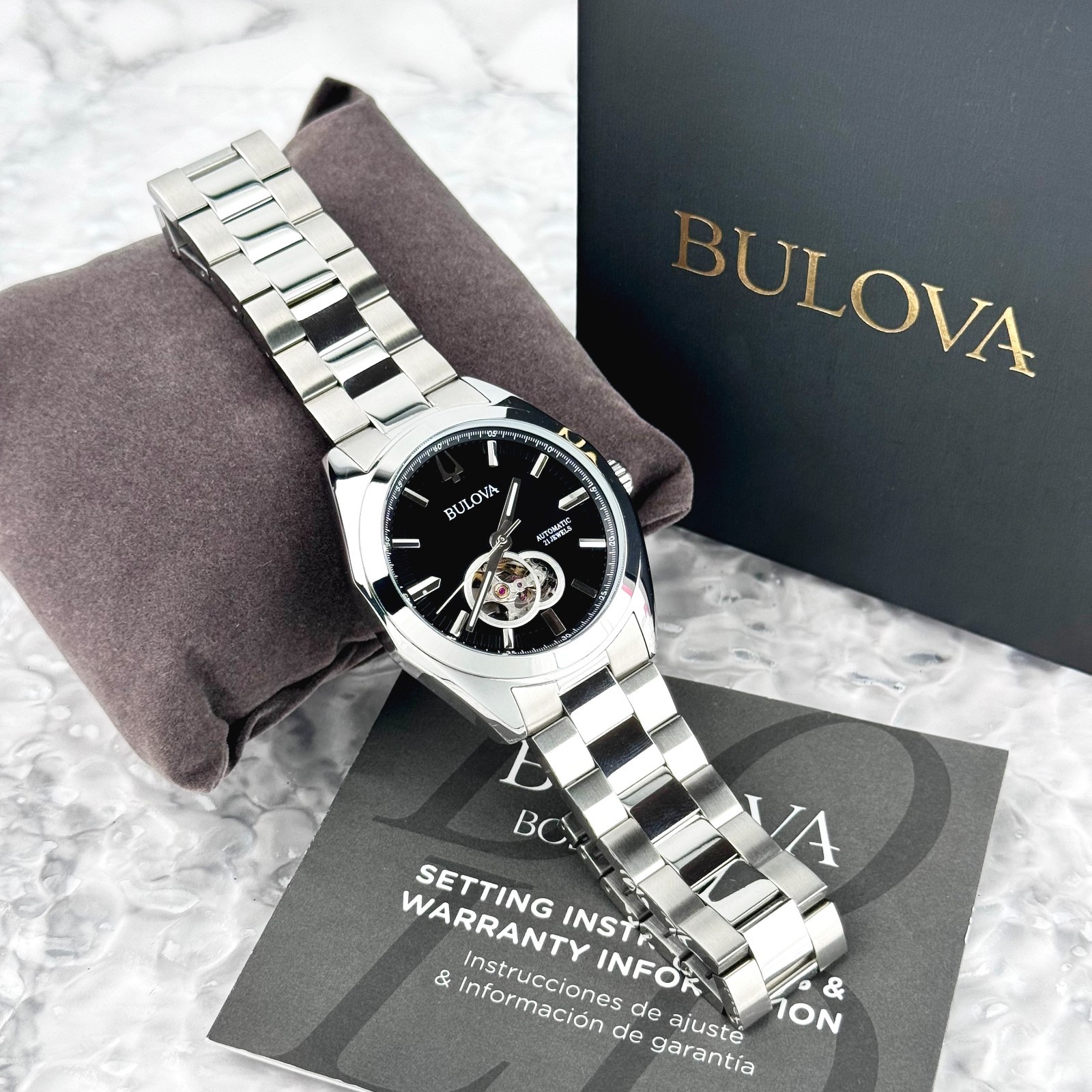 Bulova Surveyor Automatic Black Dial Silver Stainless Steel Men’s Watch 96A270