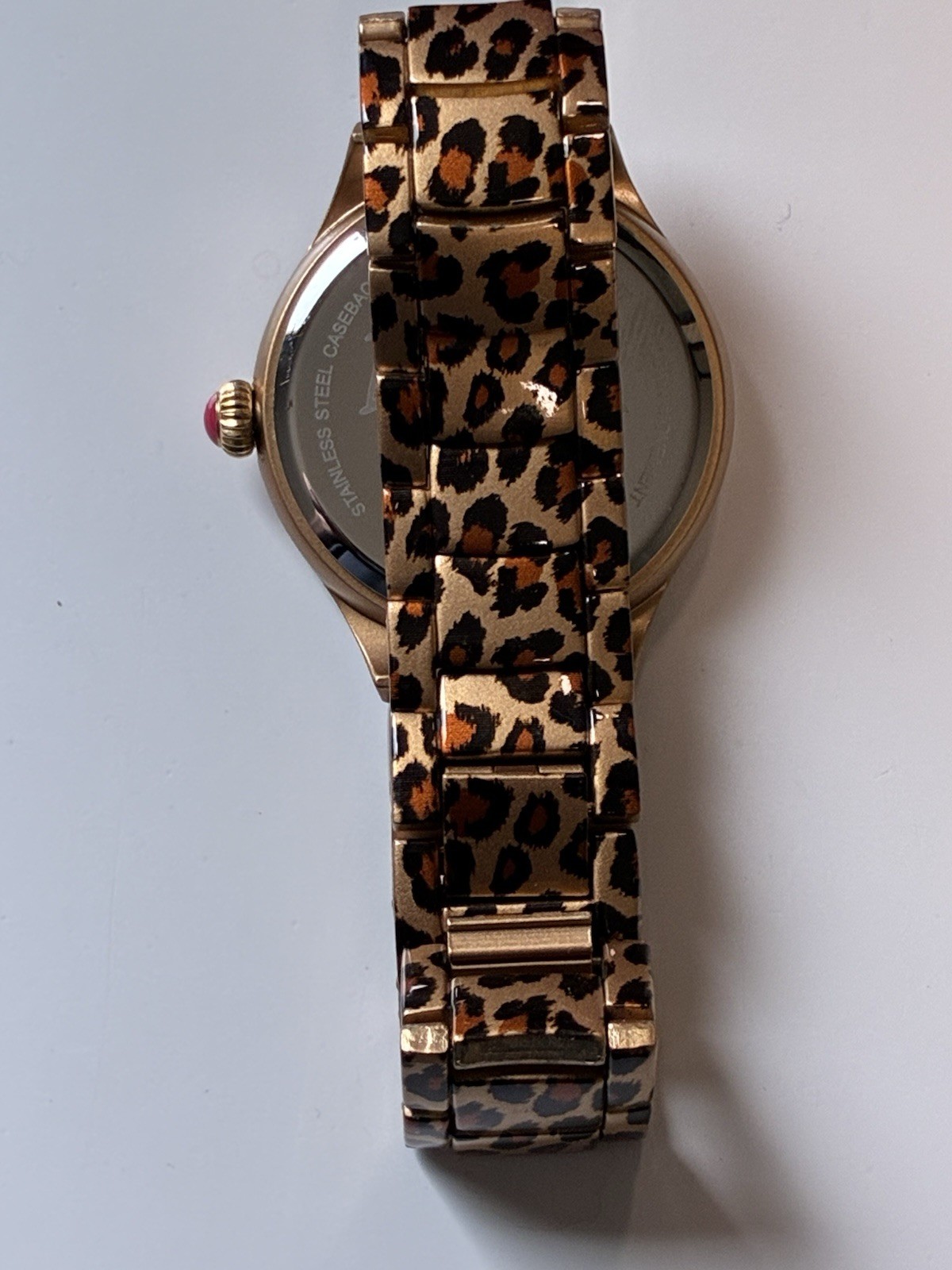 Betsey Johnson Leopard Watch Crystal Bezel Pink Print Case Heart Hand