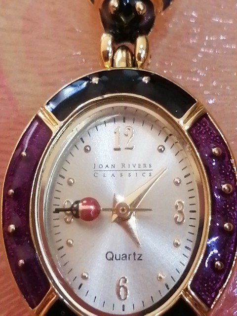 JOAN RIVERS RARE VTG WORKING WATCH, MULTICOLOR ENAMELED LADYBUG LINK BRACELET