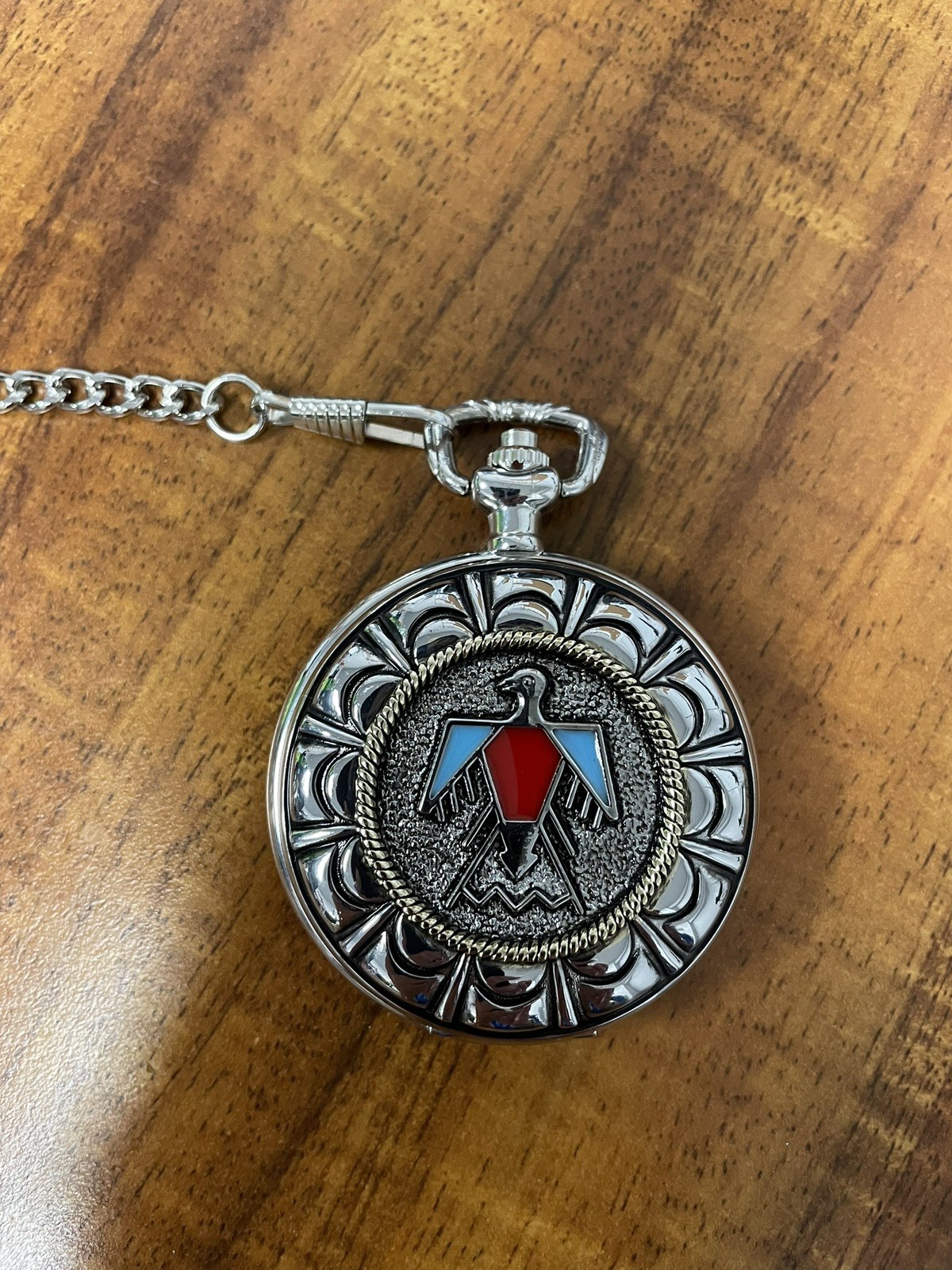 NATIVE AMERICAN THEME THUNDERBIRD POCKET WATCH RUNS “FOUNDING FATHERS” w/CHAIN