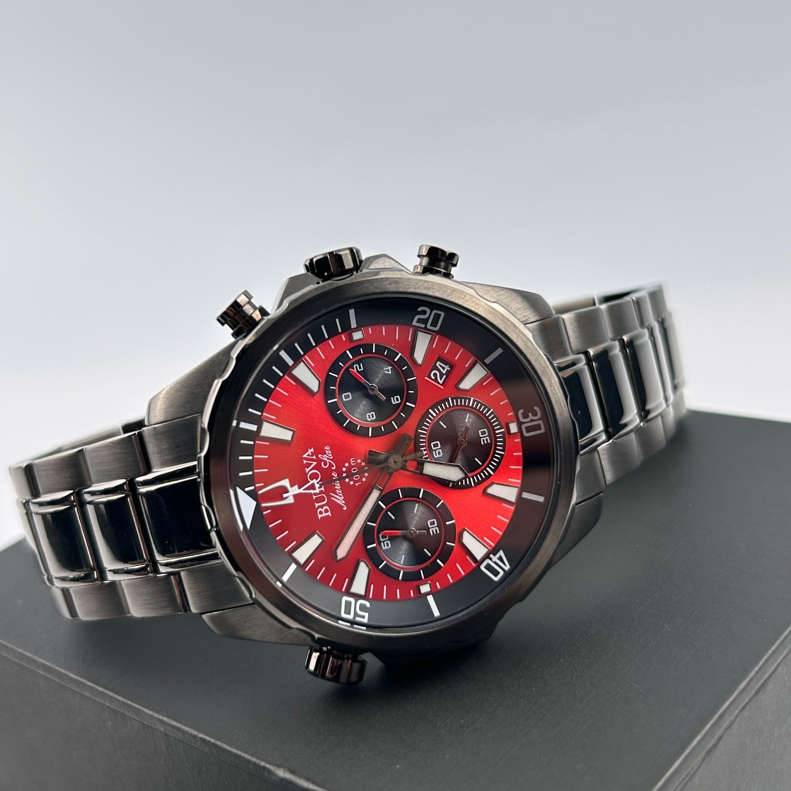 Bulova Marine Star 98B350 Red Dial Chronograph Men’s Quartz Watch 43MM New/Box