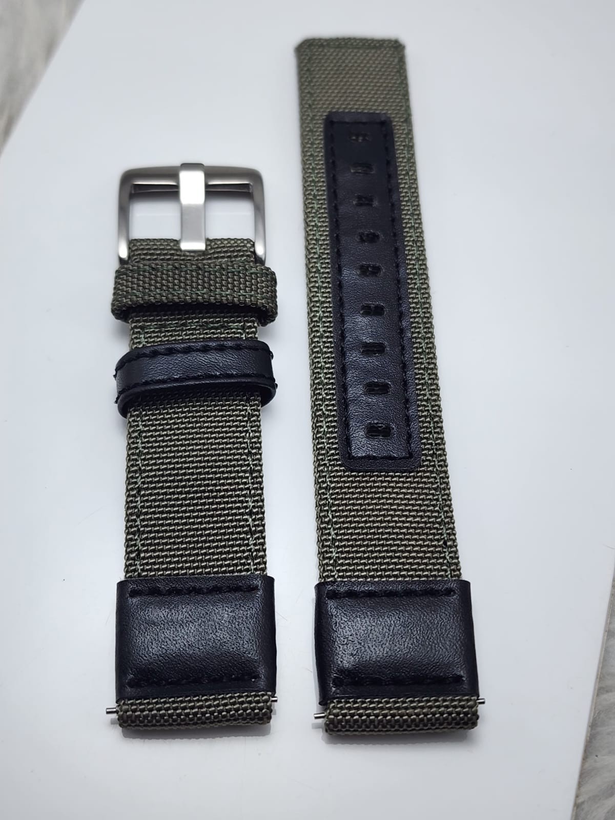20mm Olive Green Canvas Watch Strap Black Leather Lined Replacement Watch Band