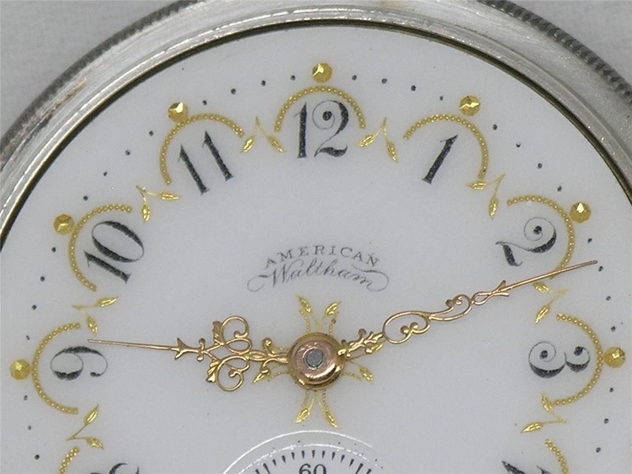 ANTIQUE 16S WALTHAM 1888 GOLD FOIL FANCY DIAL SILVER CASED POCKETWATCH, SERVICED