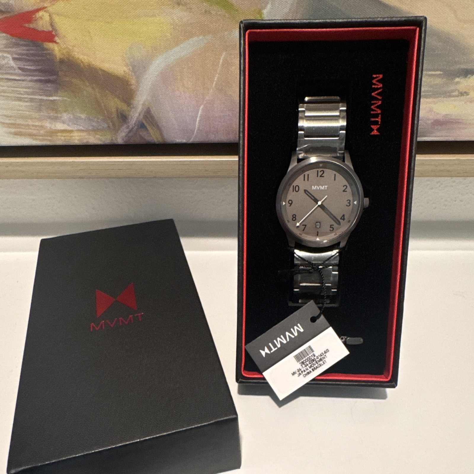 MVMT Quartz Analog Gray Dial Date Silver Tone Metal Bracelet Watch w/ Box Manual