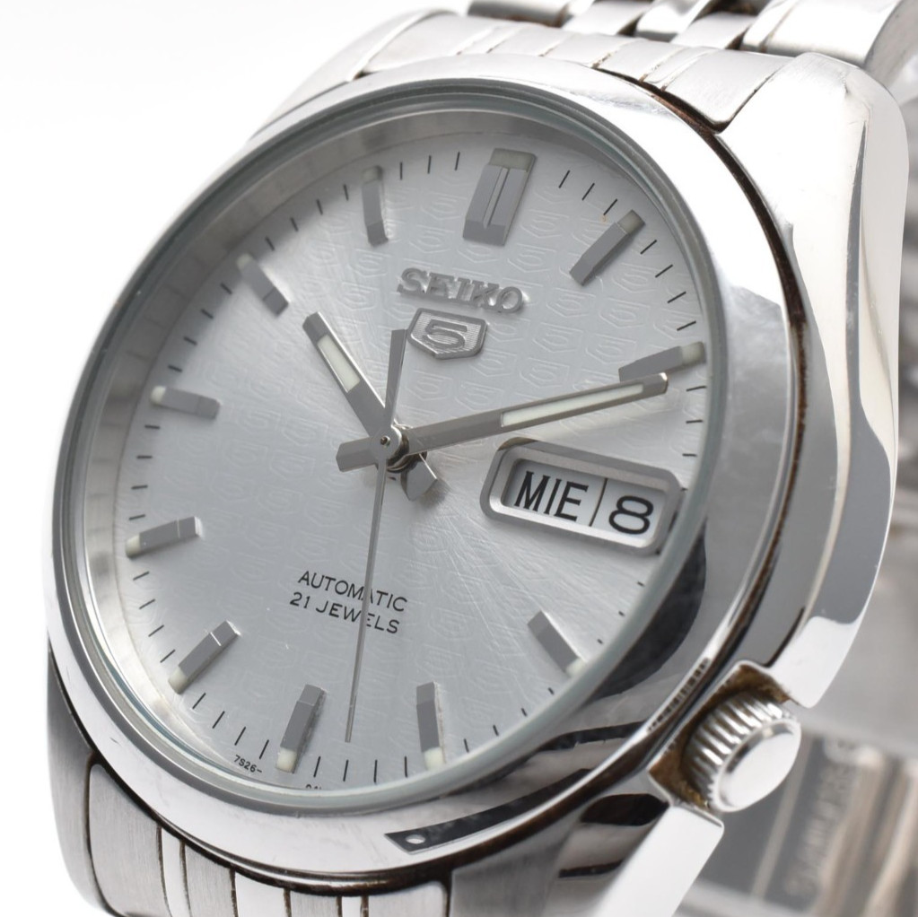 [Exc+5] Seiko 5 7S26-01V0 Automatic 21 Jewels Day Date Silver Dial Mens Watch