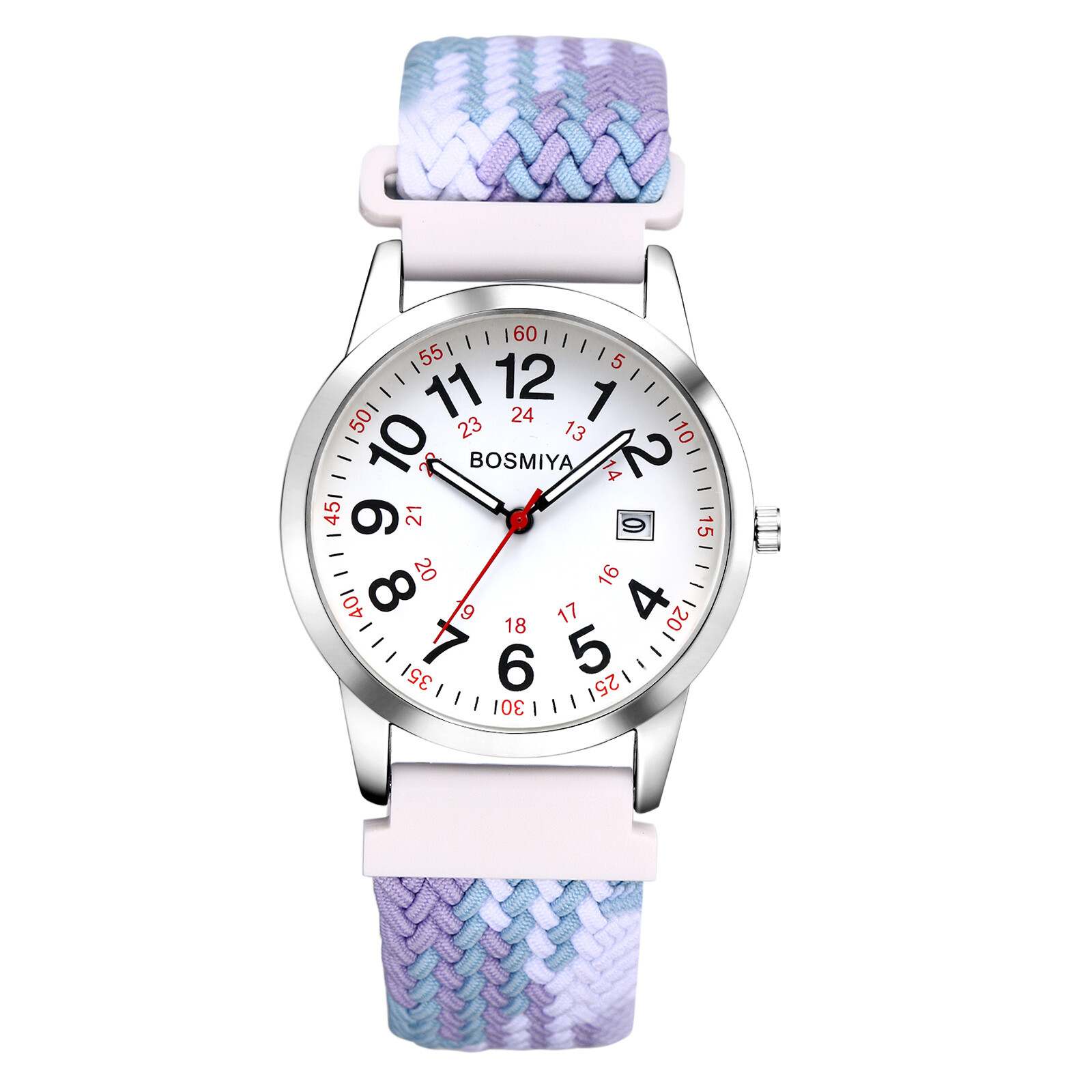 Women Men Easy Reader Large Numerals Date Dial Elastic Braided Band Quartz Watch