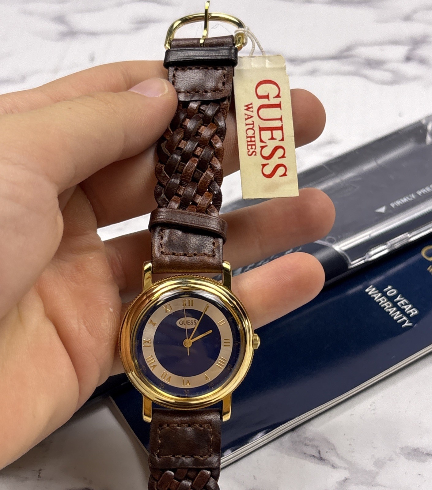 NEW Vintage Guess watch gold Blue face & brown logo band in original box 1993