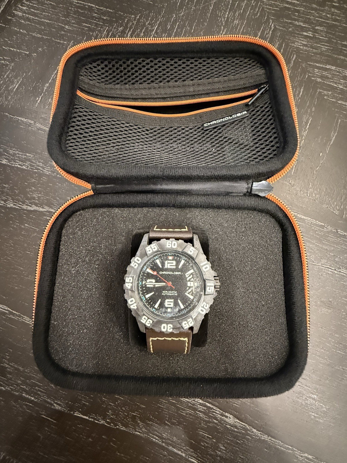 Chronologia Climber Satin Men’s Black w/ Brown Leather Strap, OP $670 78476-8-A