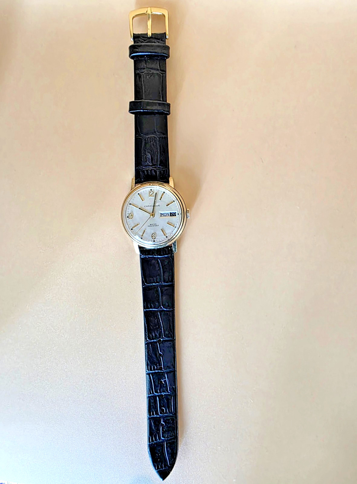 VTG Art Deco BULOVA CARAVELLE Mechanical 33mm Date-Day G/Field Mens Watch Rare