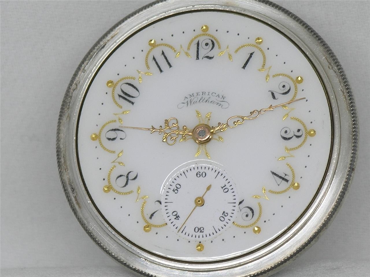 ANTIQUE 16S WALTHAM 1888 GOLD FOIL FANCY DIAL SILVER CASED POCKETWATCH, SERVICED