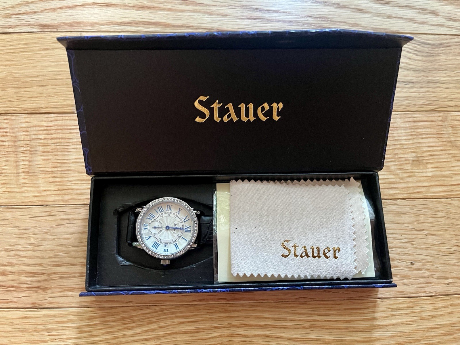Stauer Larissa Women’s Dress Watch Silver/Blue Roman Dial Leather Band 34mm Date