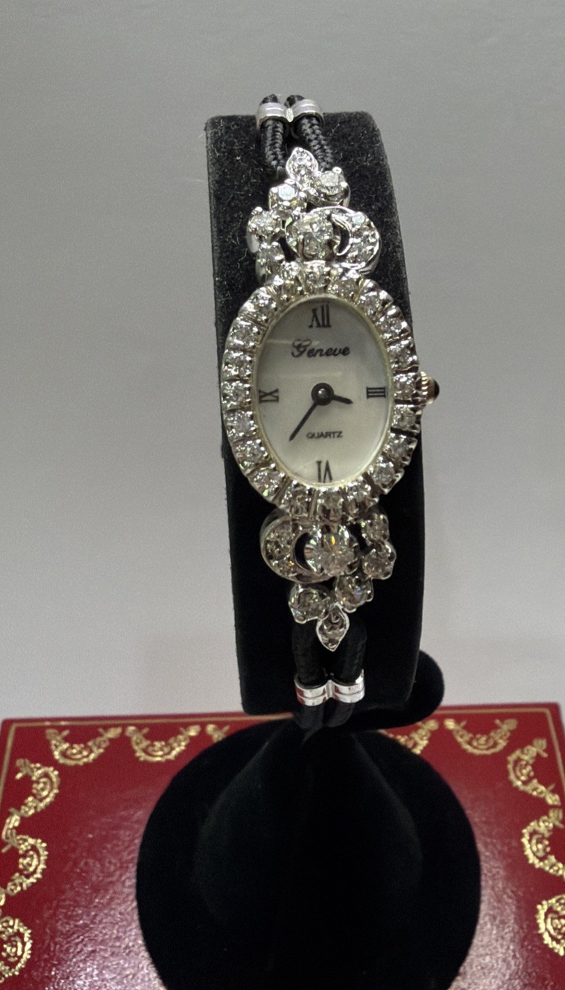14K White Gold Geneve 1/2Ct Diamond Ladies Antique Vintage Estate Bracelet Watch