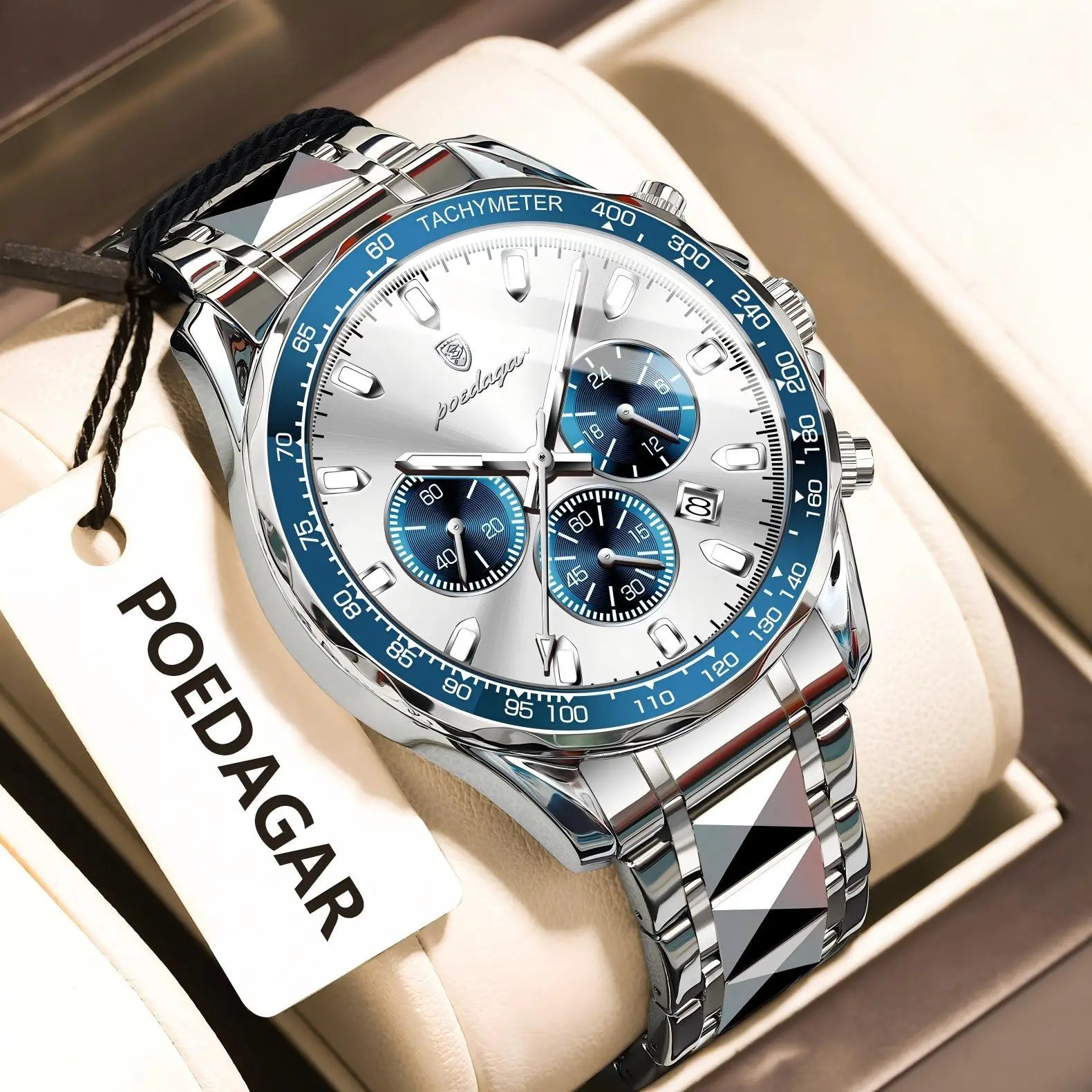 POEDAGAR Men’s Chronograph Watch Date Luminous Waterproof Stainless Steel