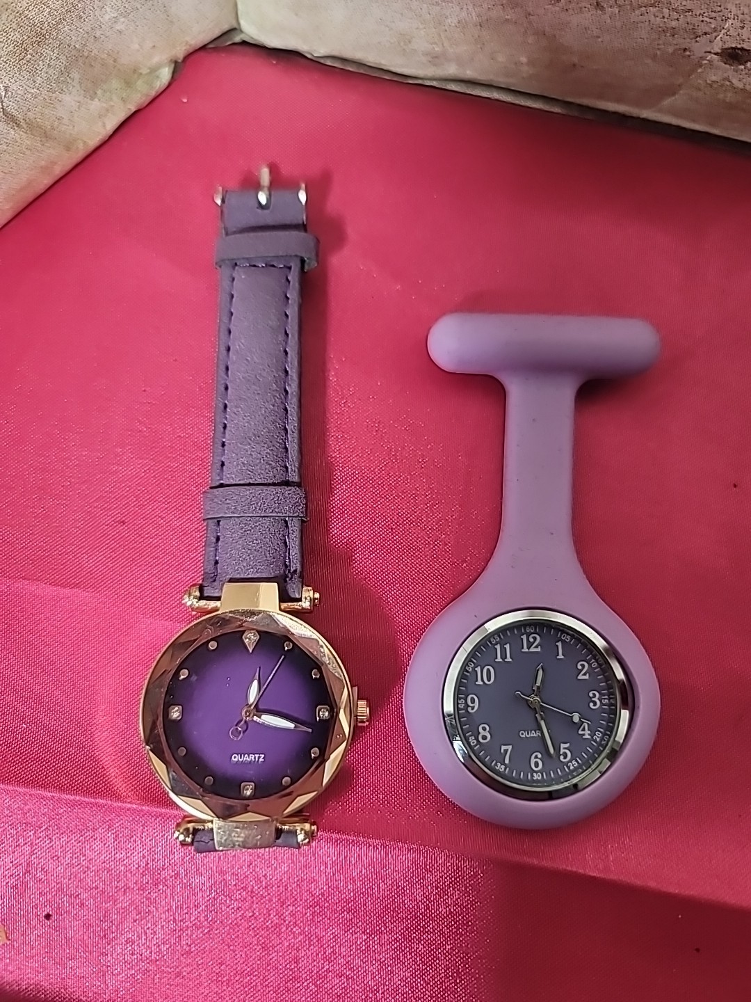 2 Ladies Purple Quartz Watches 1 Diamond Marker Leather Band + 1 Silicone Works