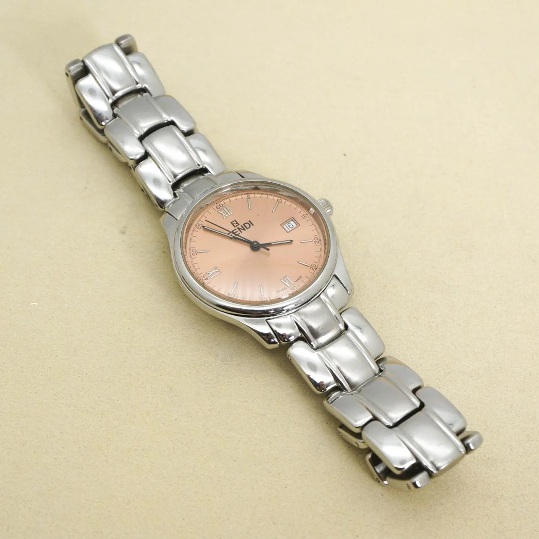 FENDI 210G Mens Round 34mm Stainless Steel Salmon Pink Quartz Date Watch