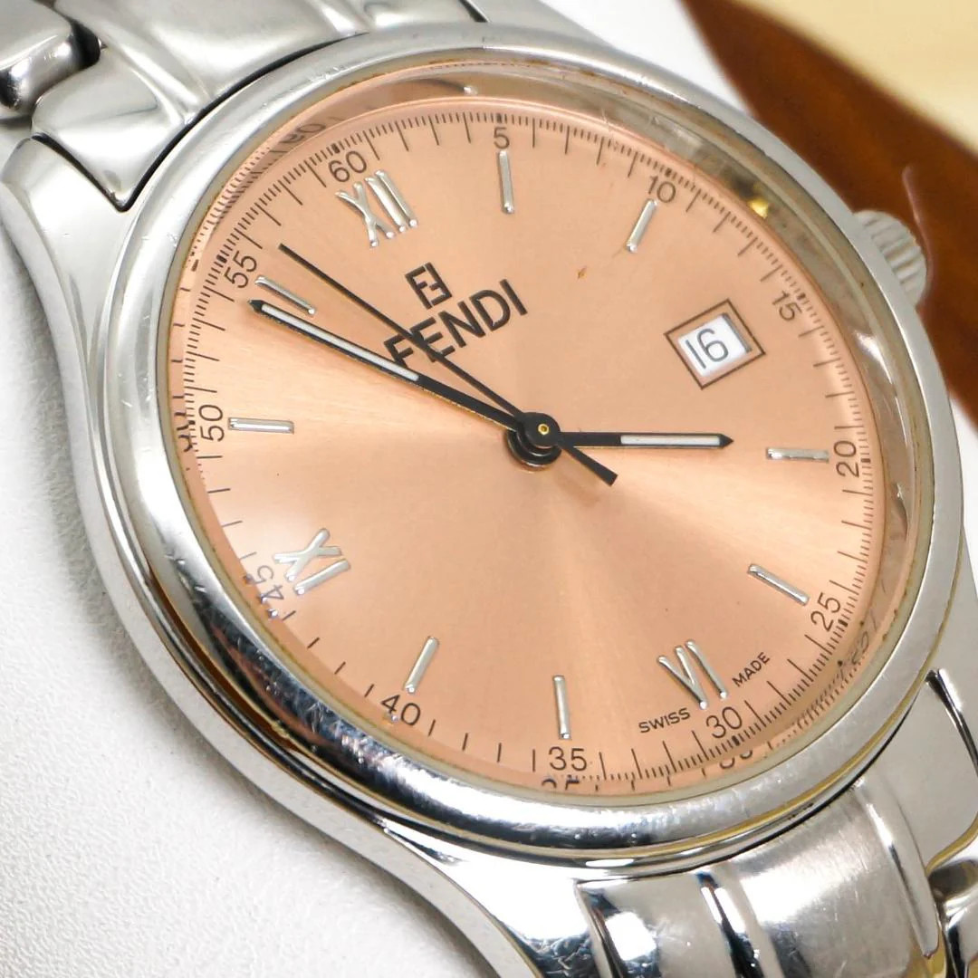 FENDI 210G Mens Round 34mm Stainless Steel Salmon Pink Quartz Date Watch