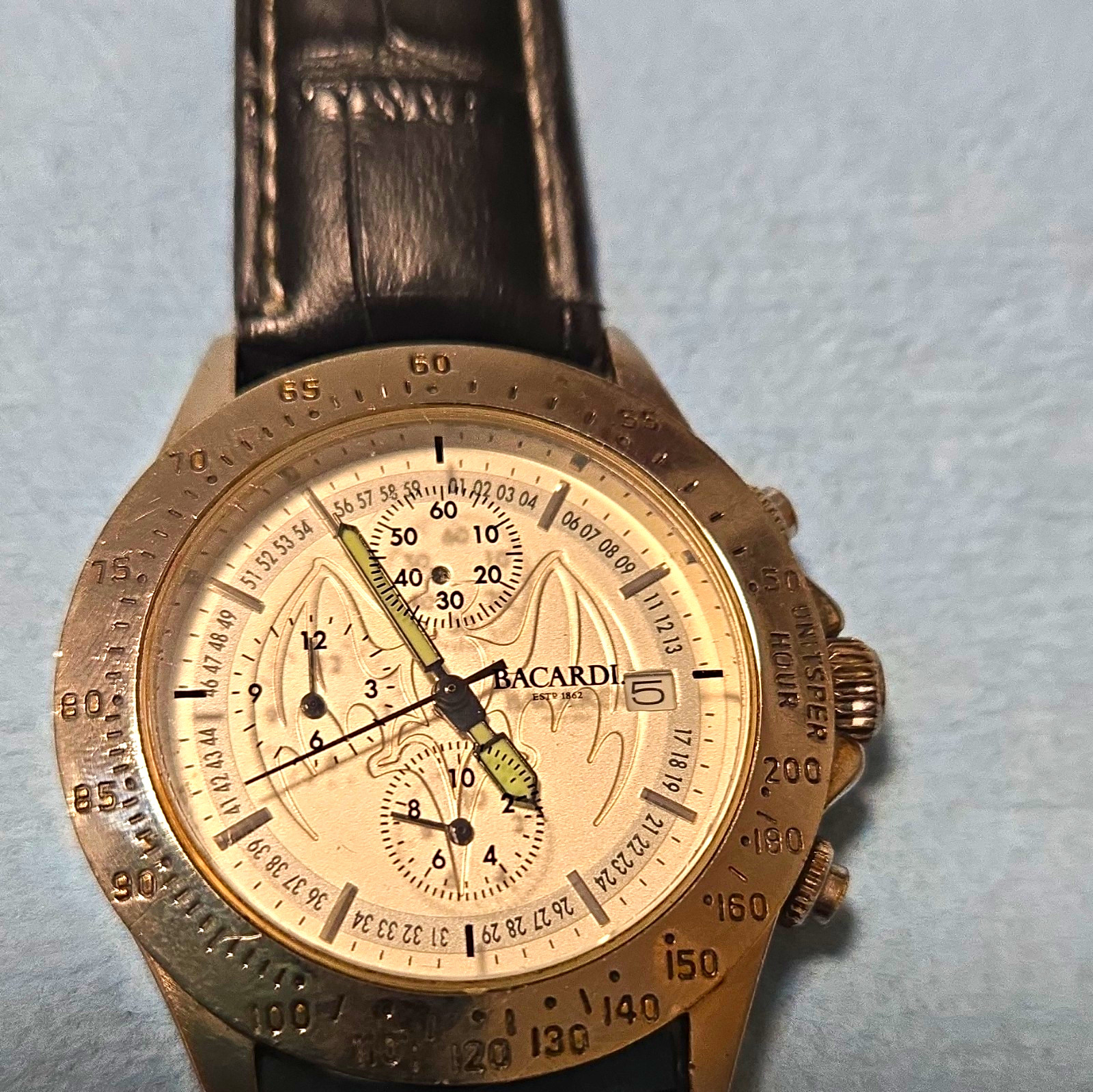 Bacardi Quartz Chronograph Date Tachymeter Silver-Tone Black Leather Strap