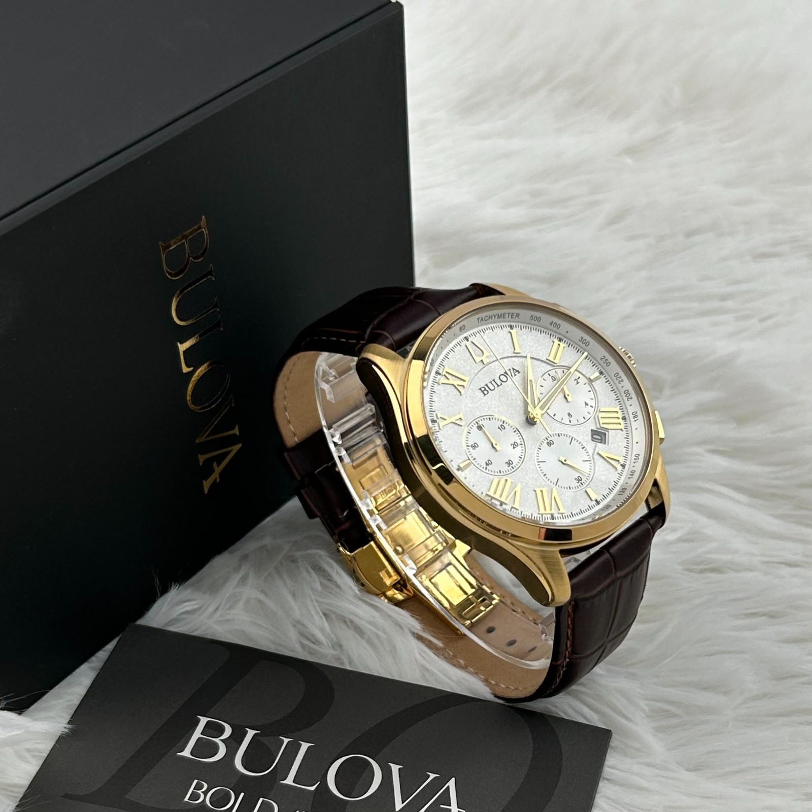 Bulova 97B169 Wilton Chronograph Gold Tone Brown Leather Men’s Watch 46.5mm
