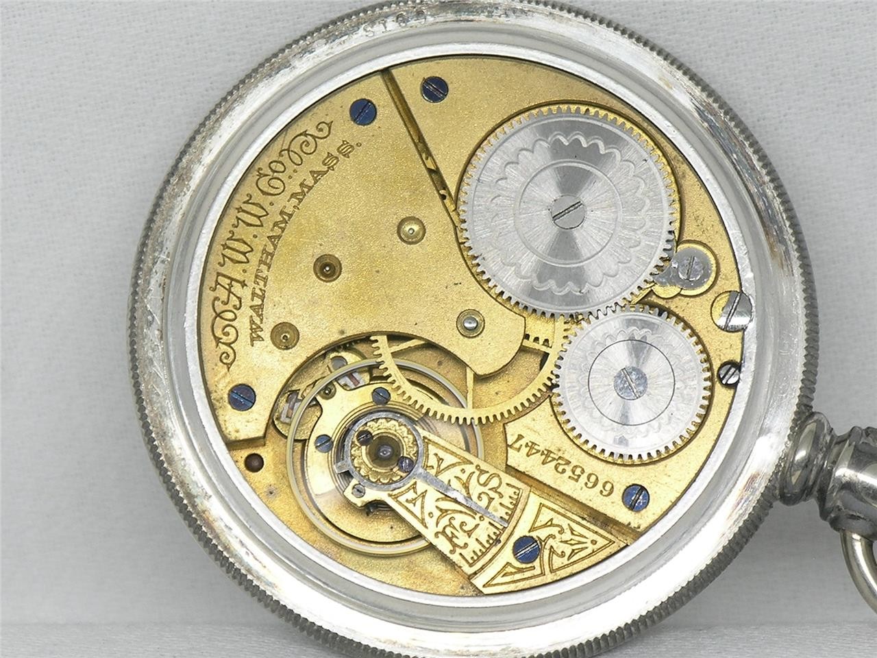 ANTIQUE 16S WALTHAM 1888 GOLD FOIL FANCY DIAL SILVER CASED POCKETWATCH, SERVICED
