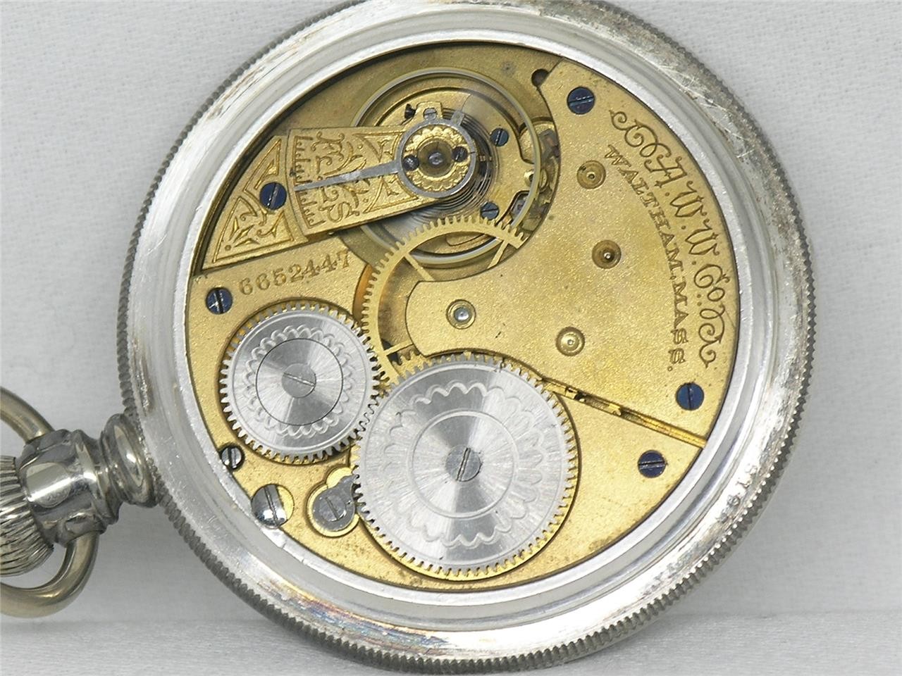 ANTIQUE 16S WALTHAM 1888 GOLD FOIL FANCY DIAL SILVER CASED POCKETWATCH, SERVICED