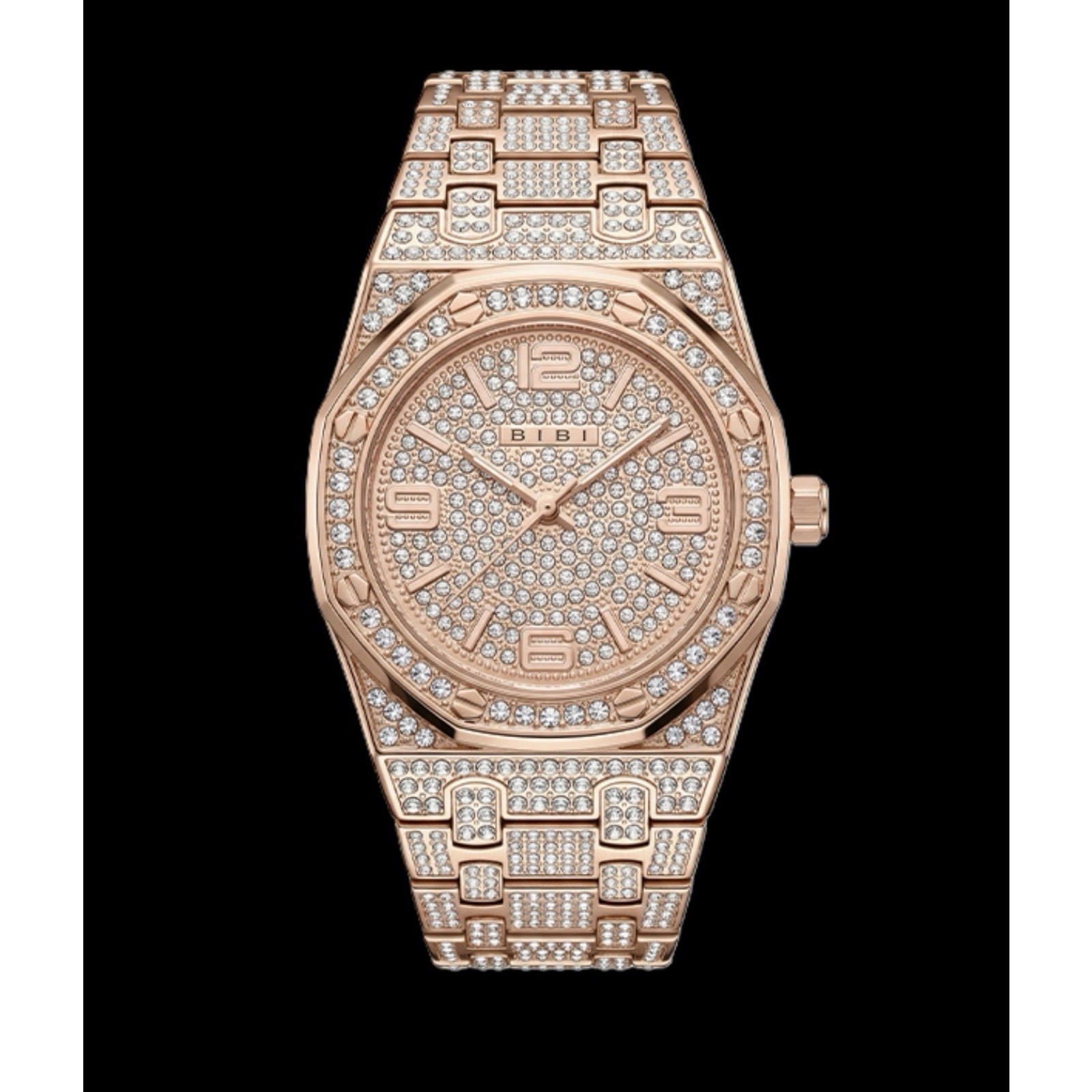 BIBI Luxury Diamond Pattern Octagon Rose Gold Wristwatch Gemstone Markers