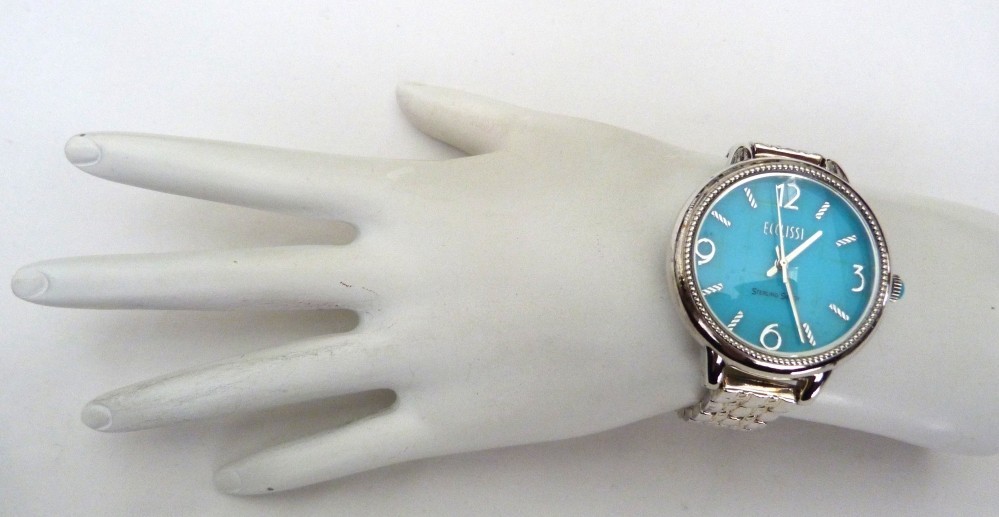 ECCLISSI SOLID STERLING SILVER TURQUOISE DIAL #33820 SR626SW ADJUSTABLE WATCH